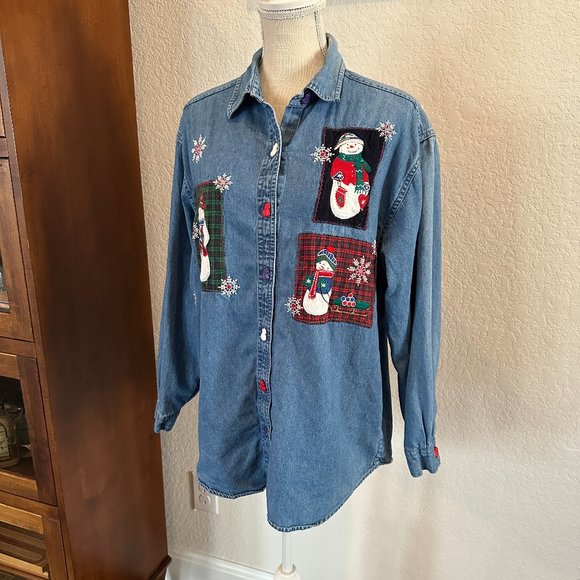 DRESS BARN Snowman Theme Denim Top - Picture 2 of 12